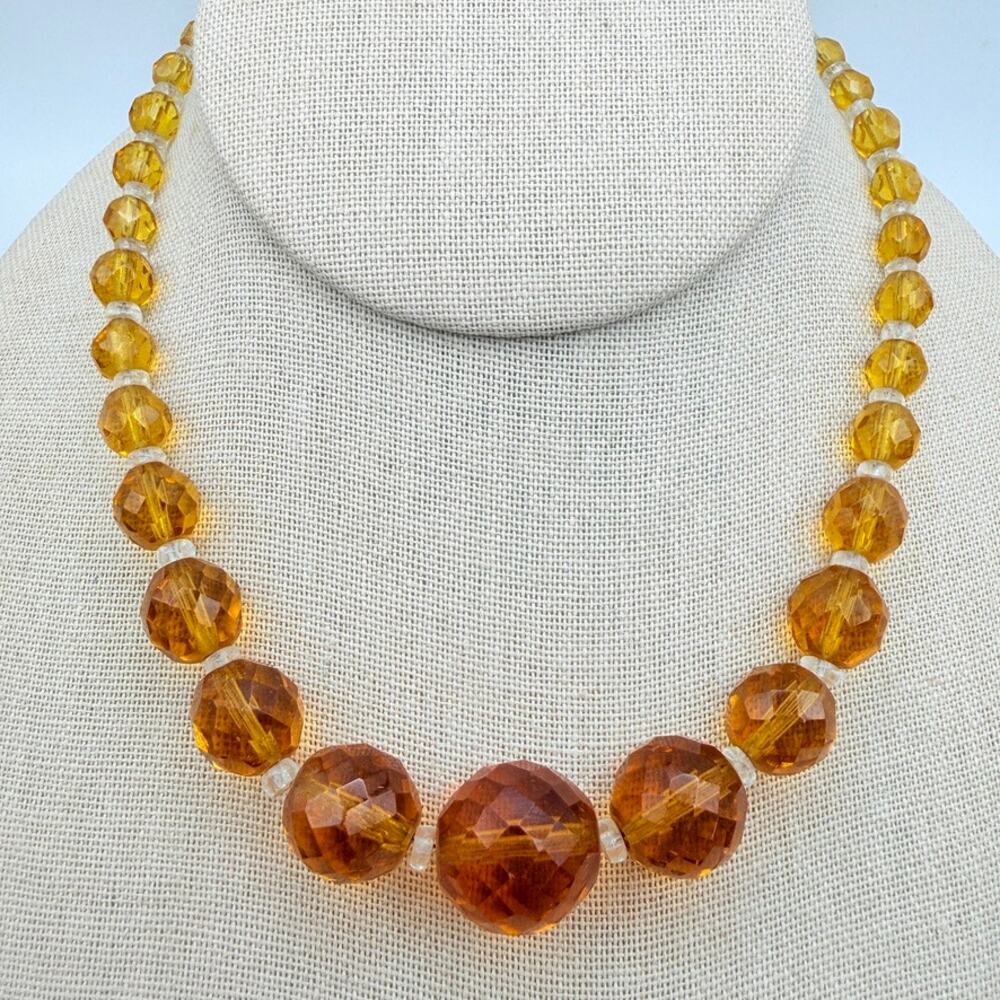 Vintage Amber Topaz Graduated Faceted Glass Bead Crystal Choker Necklace 15"